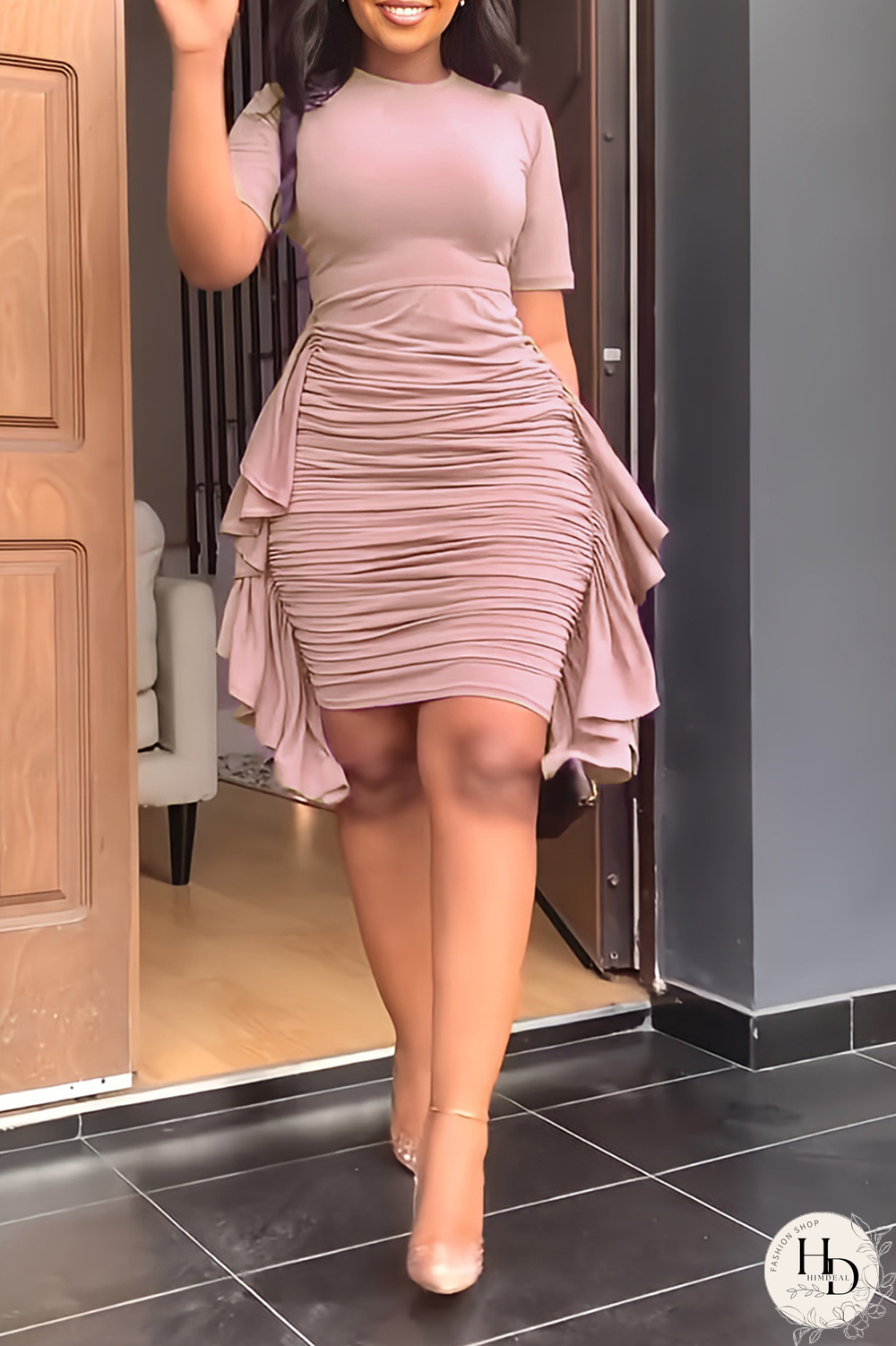 Sky Blue Fashion Solid Flounce Fold O Neck Pencil Skirt Dresses