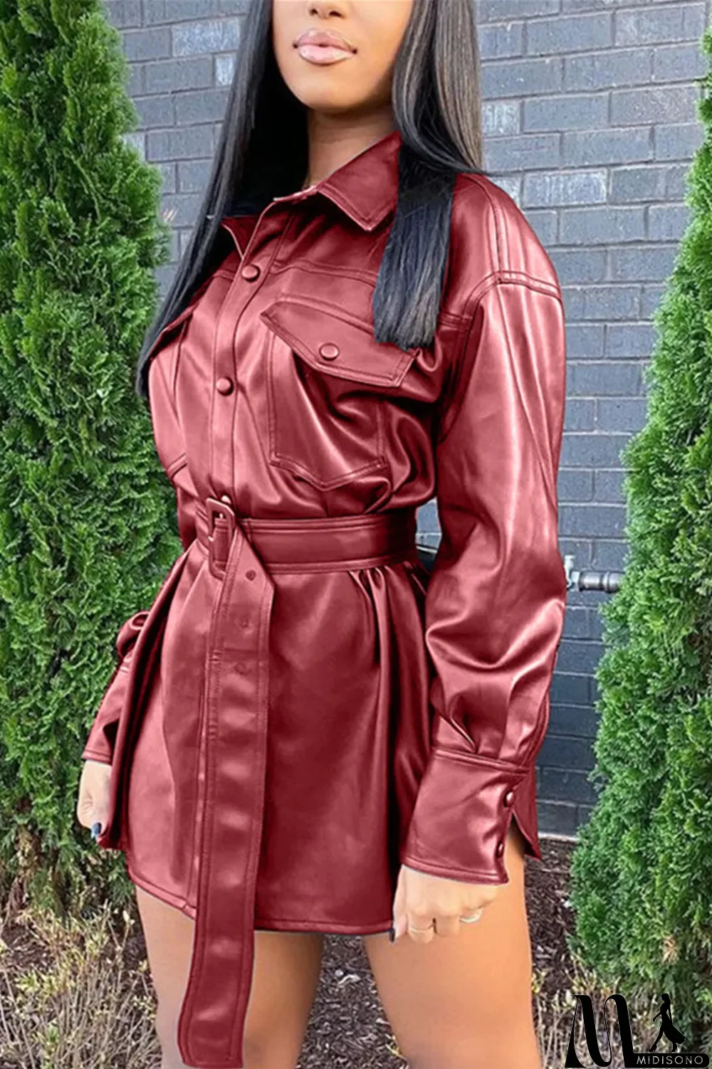 MidiSono - Blue Fashion Casual Solid With Belt Turndown Collar Outerwear