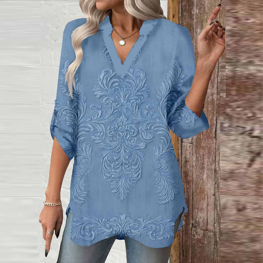 Women Floral,Blue,Ladynora DZGA0022 3/4 Sleeve V-neck Printed Graphic Button Tops