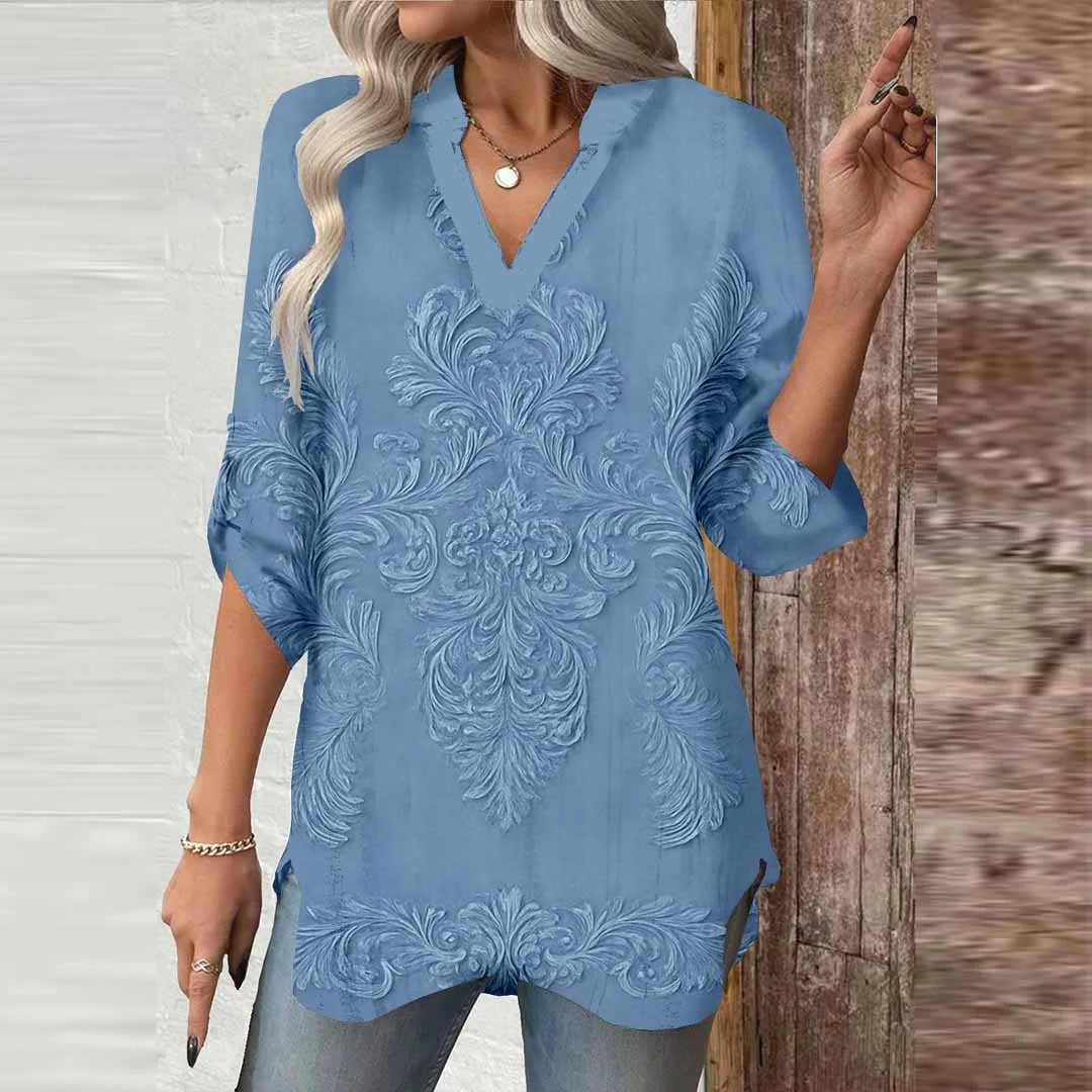 Women Floral,Blue,Ladynora DZGA0022 3/4 Sleeve V-neck Printed Graphic Button Tops
