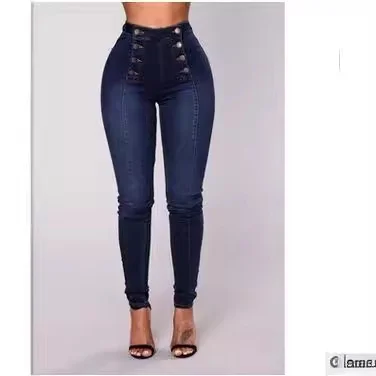 Uveng Uveng High-Waisted Casual Jeans Trousers Double Row Multi-Button Repair Elastic Small Foot Women's Pants Tide