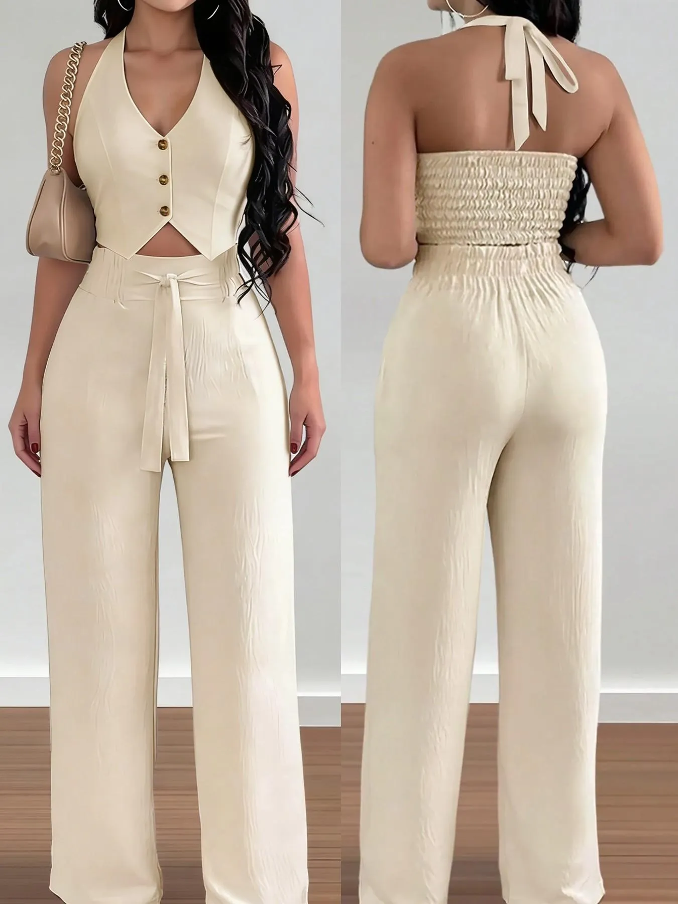 Women's Halter Crop Top & Wide-Leg Pants Set, Womenswear, Comfortable Woven Material & Halter Neck Design & Smocked Back & Tie-Waist Silhouette,2pcs Women's Halter Crop Top & Wide-Leg Pants Set, Womenswear, Comfortable Woven Material & Halter Neck Design & Smocked Back & Tie-Waist Silhouette,2pcs