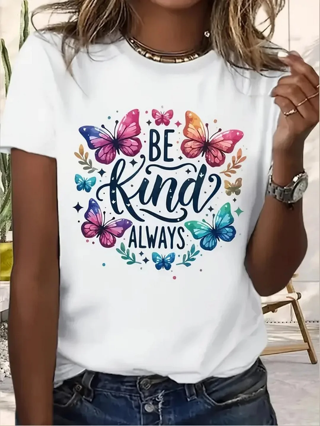 Women's Anime Print Cotton T-Shirt - "Be Kind Always" Inspirational Quote With Colorful Butterflies, Soft Breathable Round Neck Short Sleeve Tee For Casual Summer Party Wear, Machine Washable, Playful Graphic Shirt, Comfortable Fit Shirt | IFYHOME
