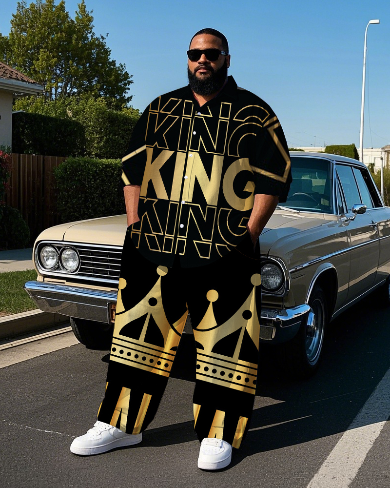 Big Men's Street Style KING Crown Printed Outdoor long Sleeve Shirt Pants 2-Piece Set