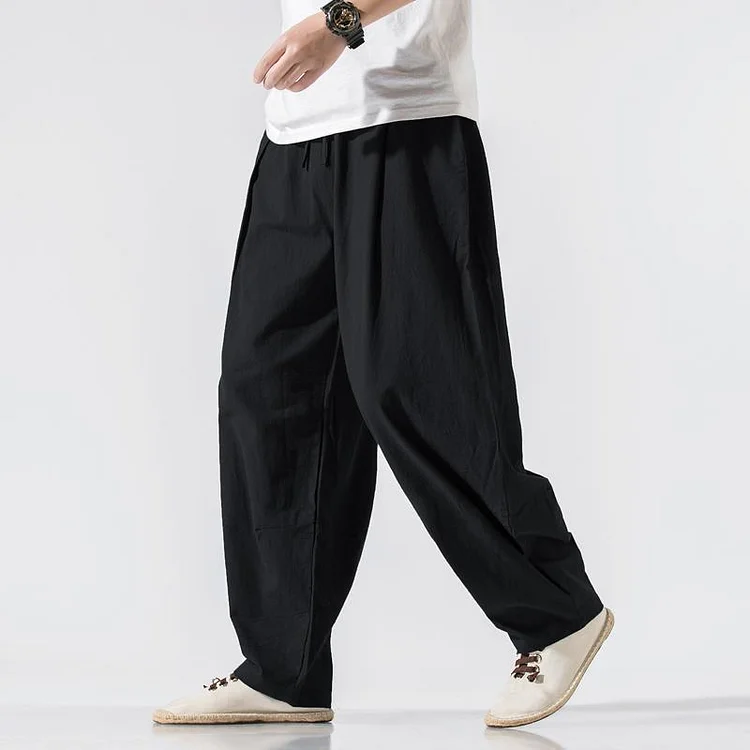 Men's Vintage Pocket Cotton Linen Wide Leg Loose Pants