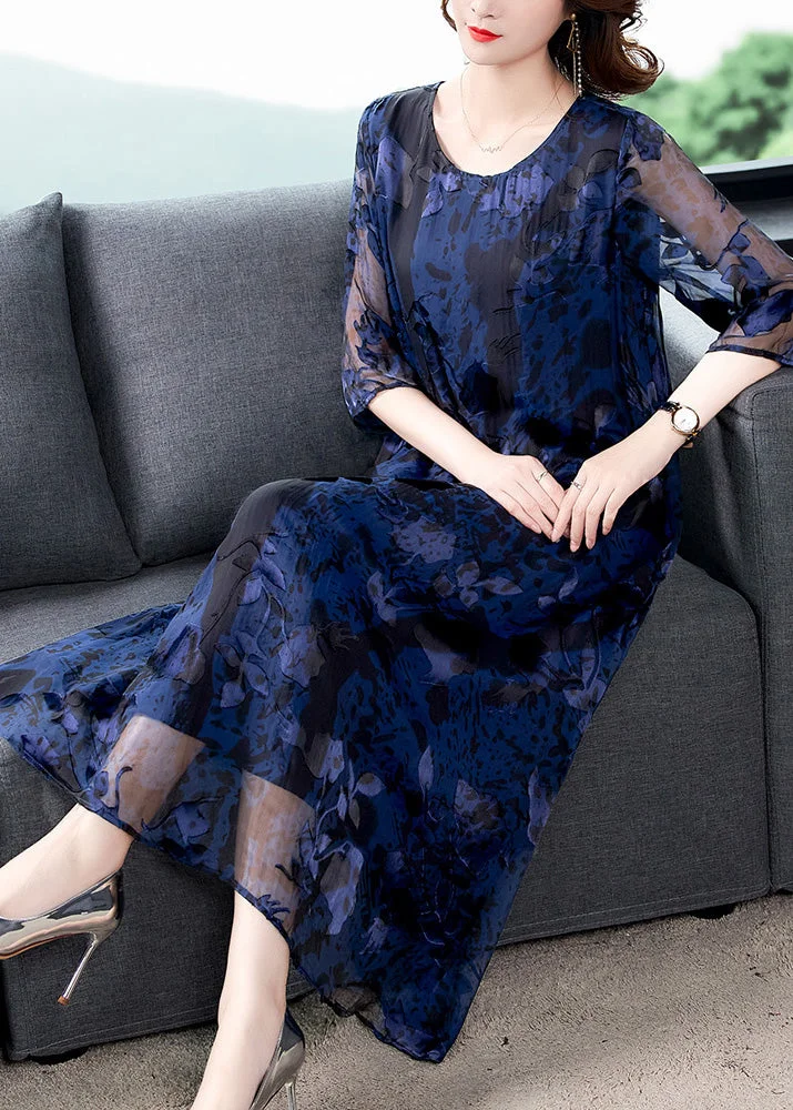 Chic Blue O-Neck Print Long Dresses Half Sleeve