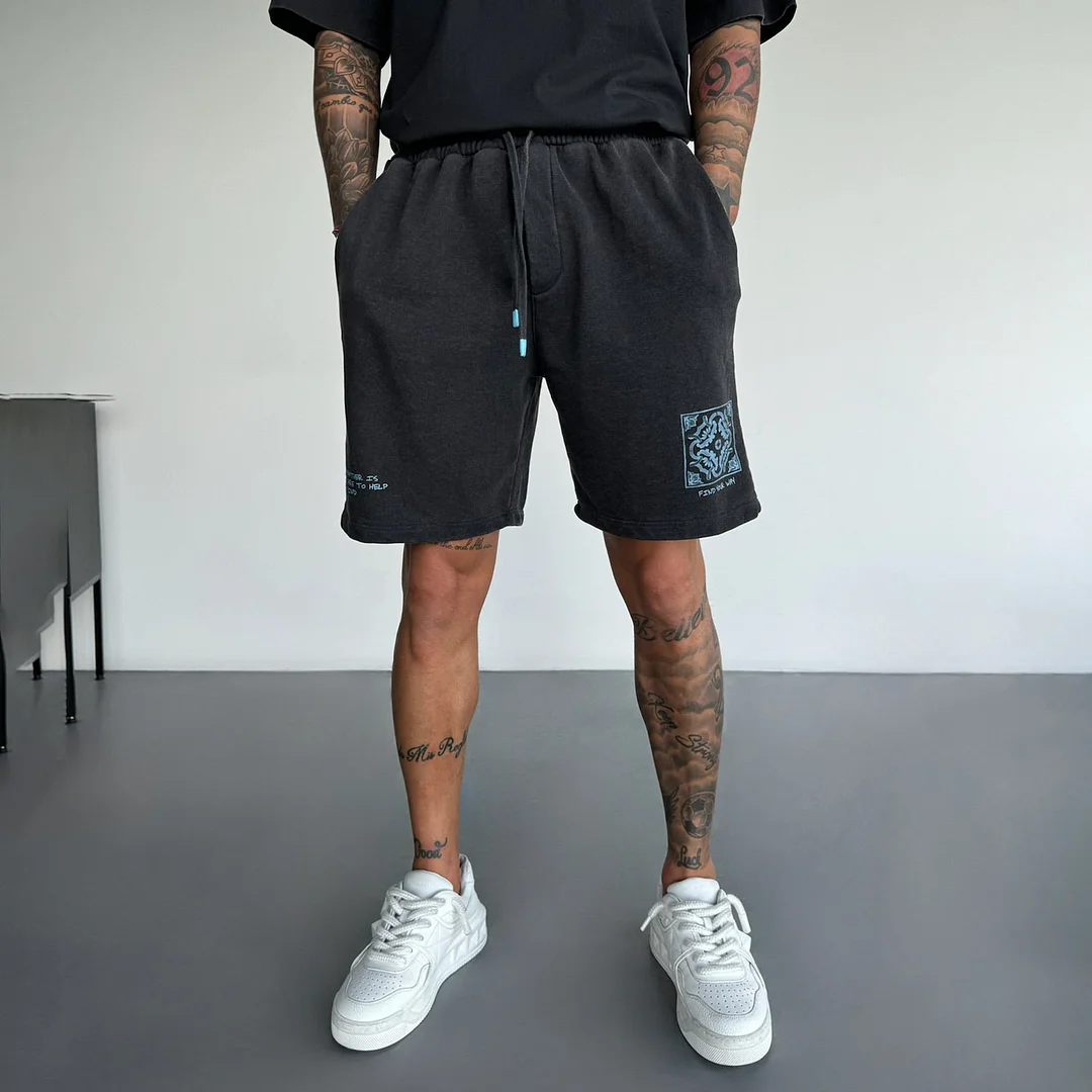 Loose Fit Printed Washed Shorts-barclient