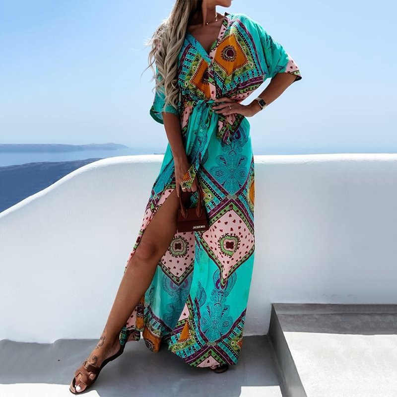 Resort Style Fashion Lace-Up Print Dress MusePointer