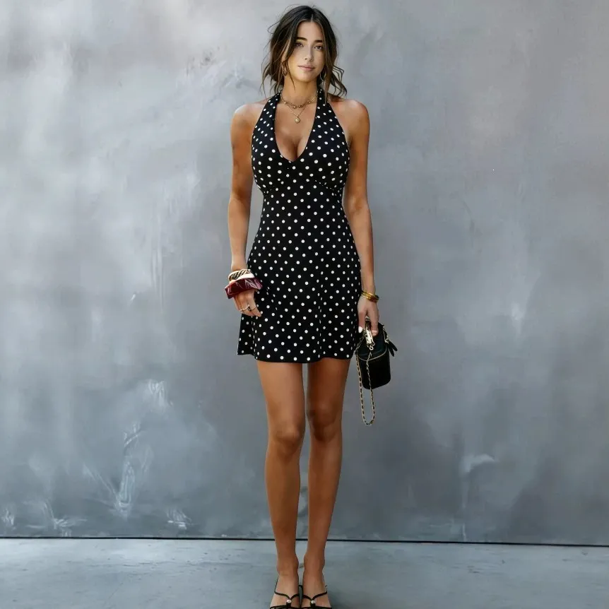 Women&rsquo;s Black Polka Dot Halter Neck A-Line Mini Dress