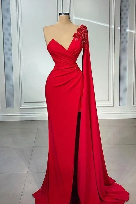 Red One Shoulder V-Neck Mermaid Prom Dress Long Appliques With Ruffles PD0618