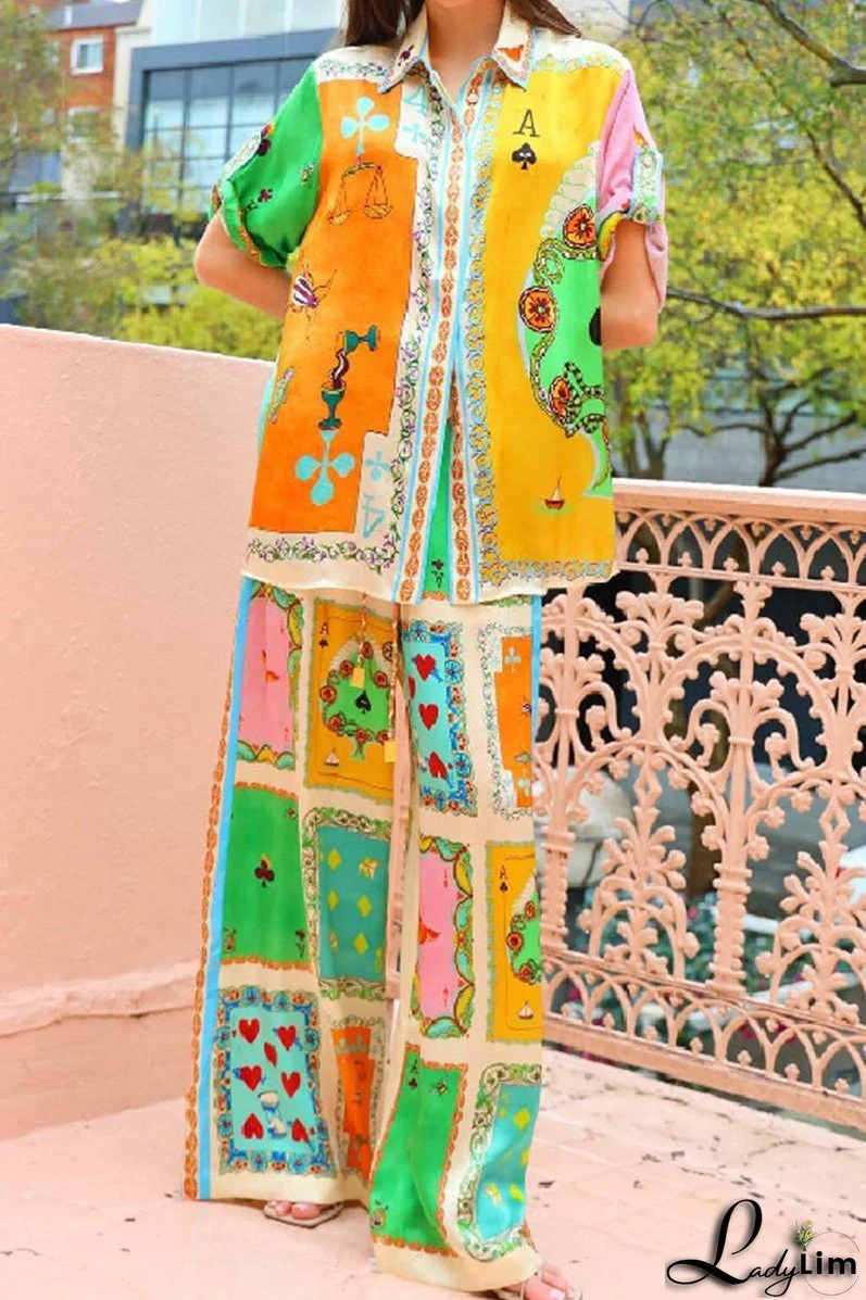 Casual Street Digital Letter Print Contrast Turndown Collar Short Sleeve Two Pieces