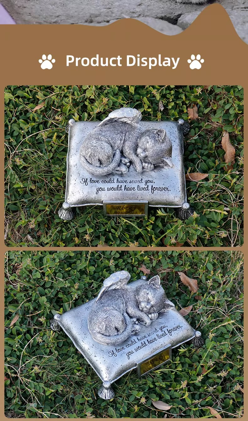 Honor the memory of your beloved feline friend with our Custom Angel Cat Memorial Statue. This touching sculpture captures a peaceful cat sleeping on a pillow, with delicate angel wings gracefully resting behind&mdash;a beautiful symbol of eternal peace and heavenly comfort . Crafted from high-quality, weather-resistant resin, this memorial is designed for both indoor display and outdoor garden placement . Fully personalizable with laser engraving, you can include your cat's name, dates, and a heartfelt message on the base. Whether placed in a memorial garden, by a favorite sunny spot, or alongside a cremation urn, this sleeping angel cat figurine offers a comforting tribute to the companion who brought so much joy to your life .