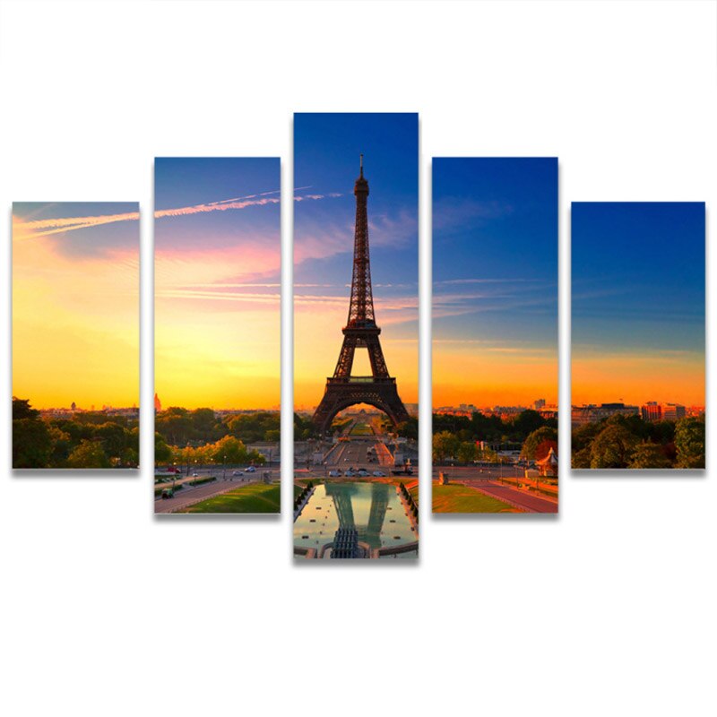 World Landmark Eiffel Tower Scenery 5 Pieces Wall Art Canvas Poster Paintings for Living Room Home Decor Picture Decorations