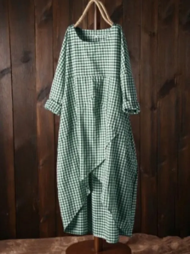 Casual Dress Shift Print Plaid Loose Crewneck Midi Active Classic Daily Vacation Long