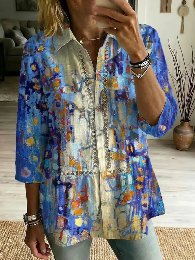 Women's Retro Art Print Casual Lapel Cotton Shirt