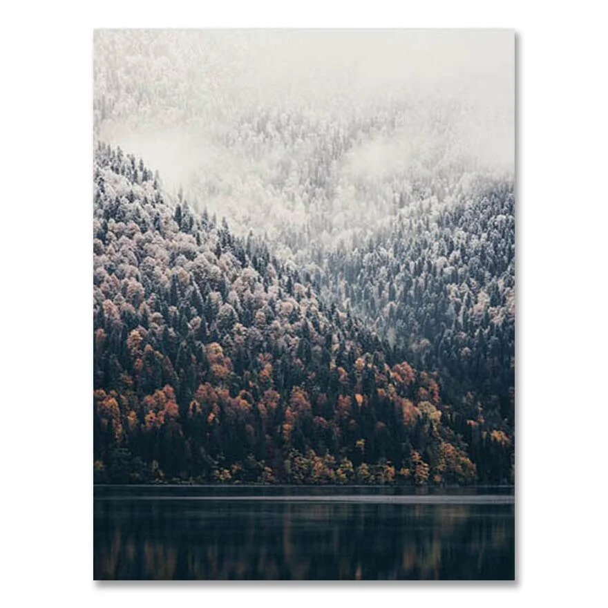 Nordic Fog Forest Deer Animal Canvas Wall Art Print Painting Mountain Lake Landscape Poster Nature Decorative Picture Home