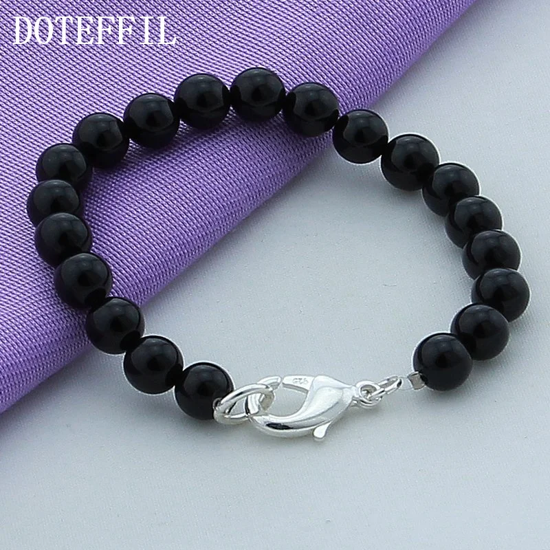 DOTEFFIL 925 Sterling Silver Buckle Black Agate Bracelet For Woman Jewelry