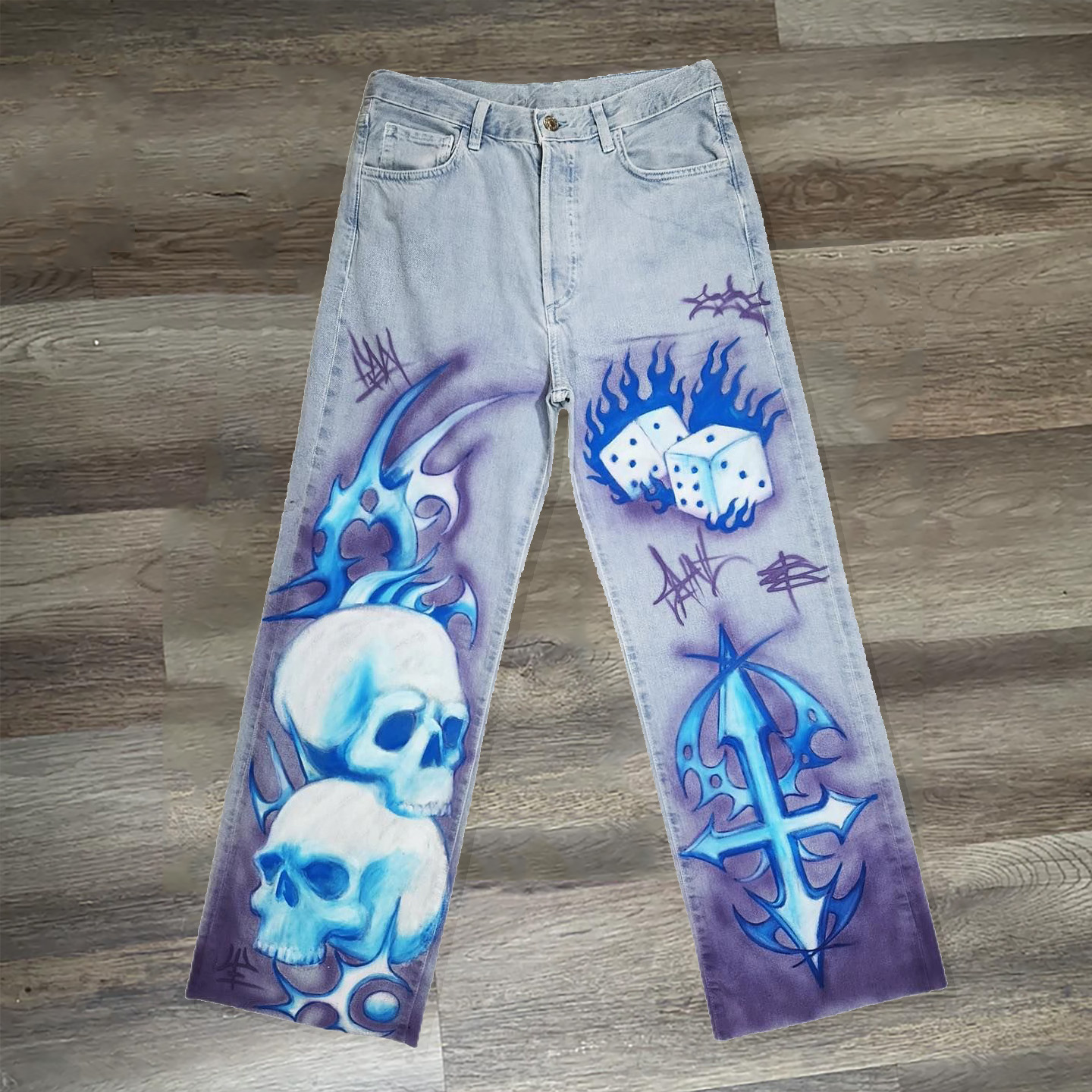 Skull Cross Flame Mix Print Jeans