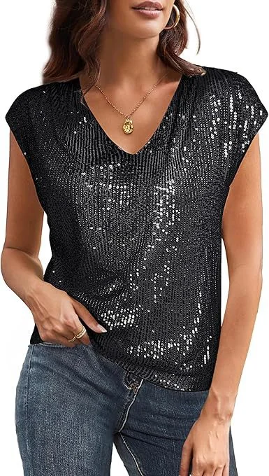 Women's Sequins Sexy V-Neck Sleeveless Solid Blouses Party Shirts Tank Tops