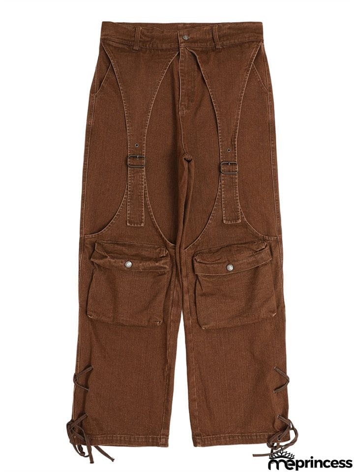 Men's Fashion Hip-Hop Loose Metal Buckle Multi-Pockets Jeans