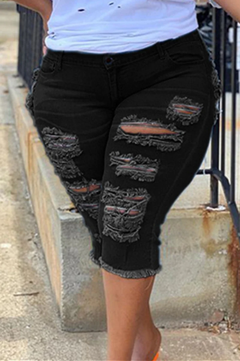 Black Fashion Casual Solid Ripped Plus Size Jeans