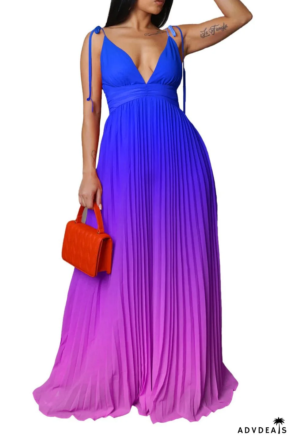 Sexy Backless Plunging Gradient Maxi Dress
