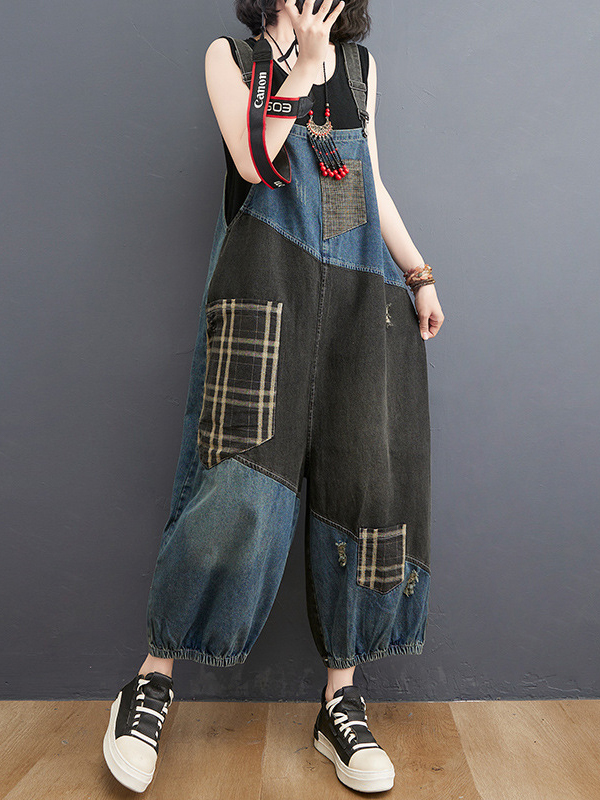 Patchwork Strap Plaid Denim Wide Leg Lantern Jumpsuit