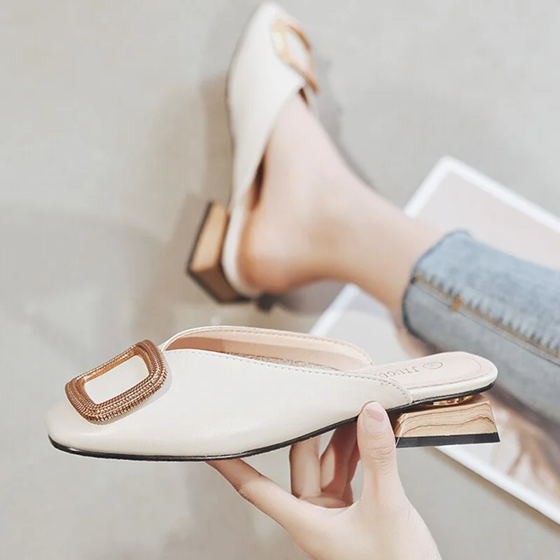 Luxury Designer Women Mules Pumps Sexy Buckle Wooden Block Heel Elegant Ladies Office Casual Shoes Party Women Slippers