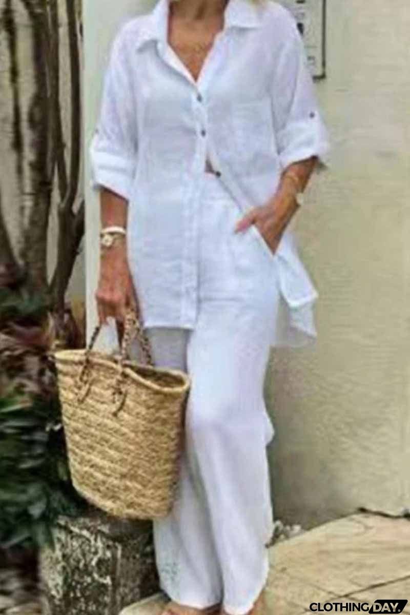 Casual Solid Patchwork Turndown Collar Long Sleeve Two Pieces