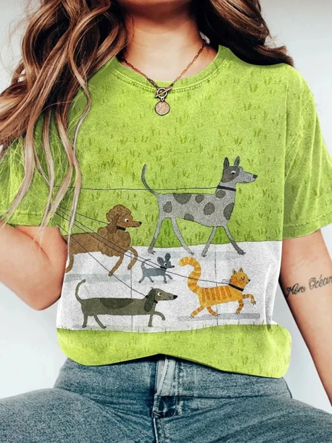 Women's Dog Walking Print Round Neck T-shirt