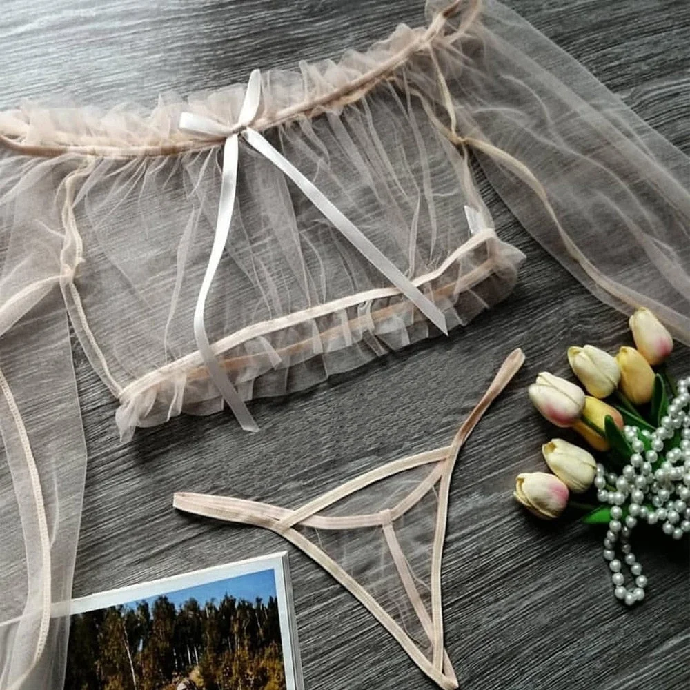 Yimunancy 2-Piece Women Lingerie Set Transparent Mesh Top + Thong Underwear Set