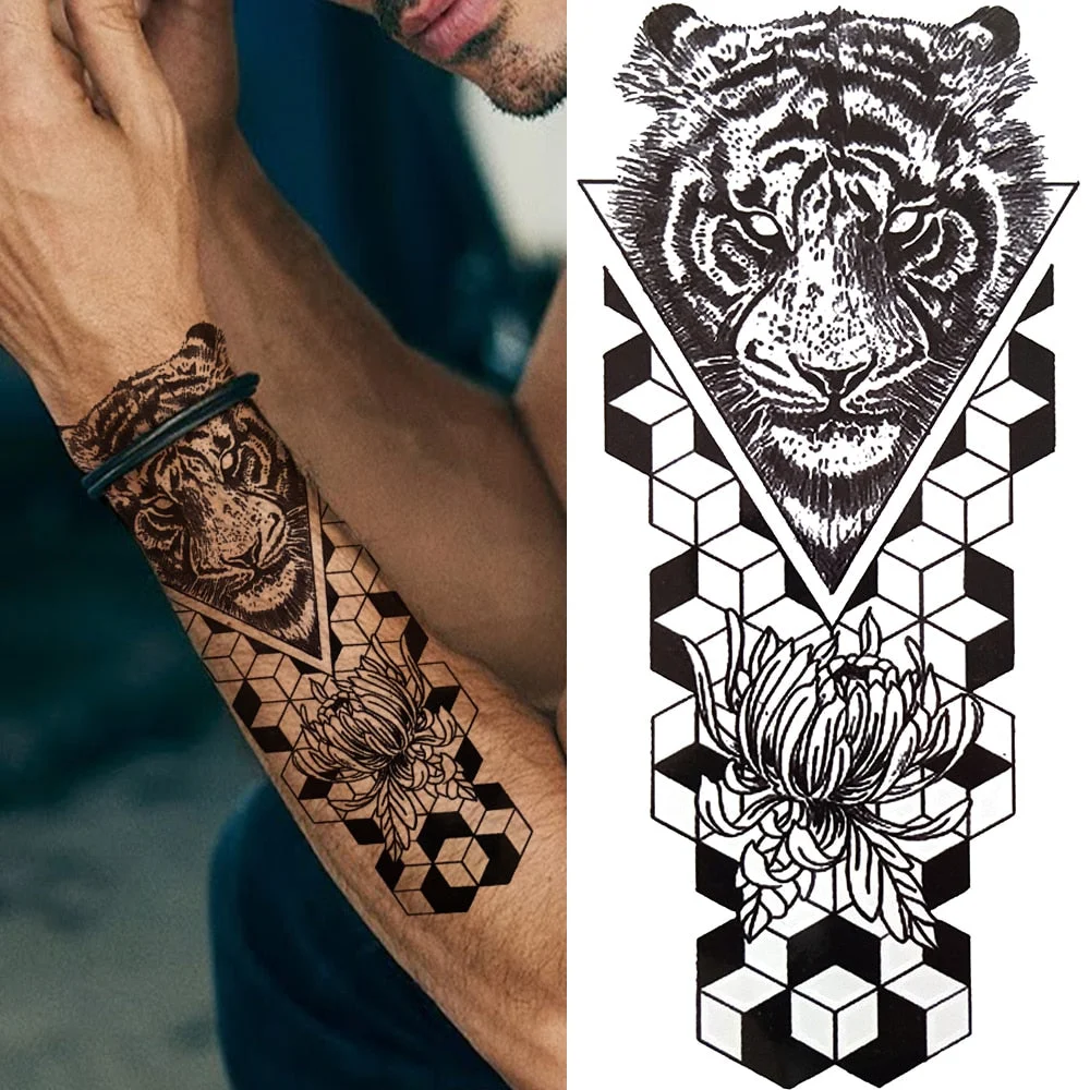 Realistic Fake Wolf Temporary Tattoo For Women Men Adult Black Forest Tattoos Sticker Compass Lion Skeleton Tribal Tatoo Paper