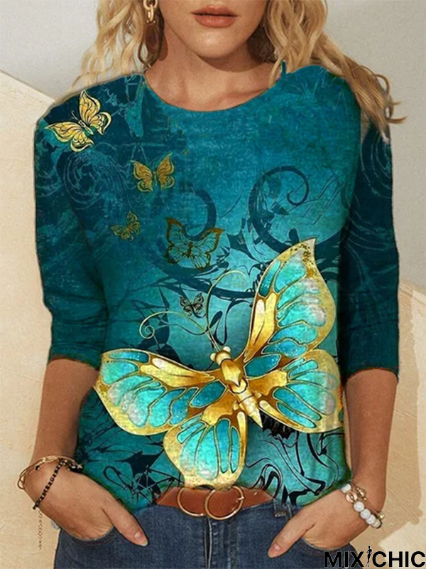 Butterfly Printed Crew Neck Long Sleeve Casual T-shirt