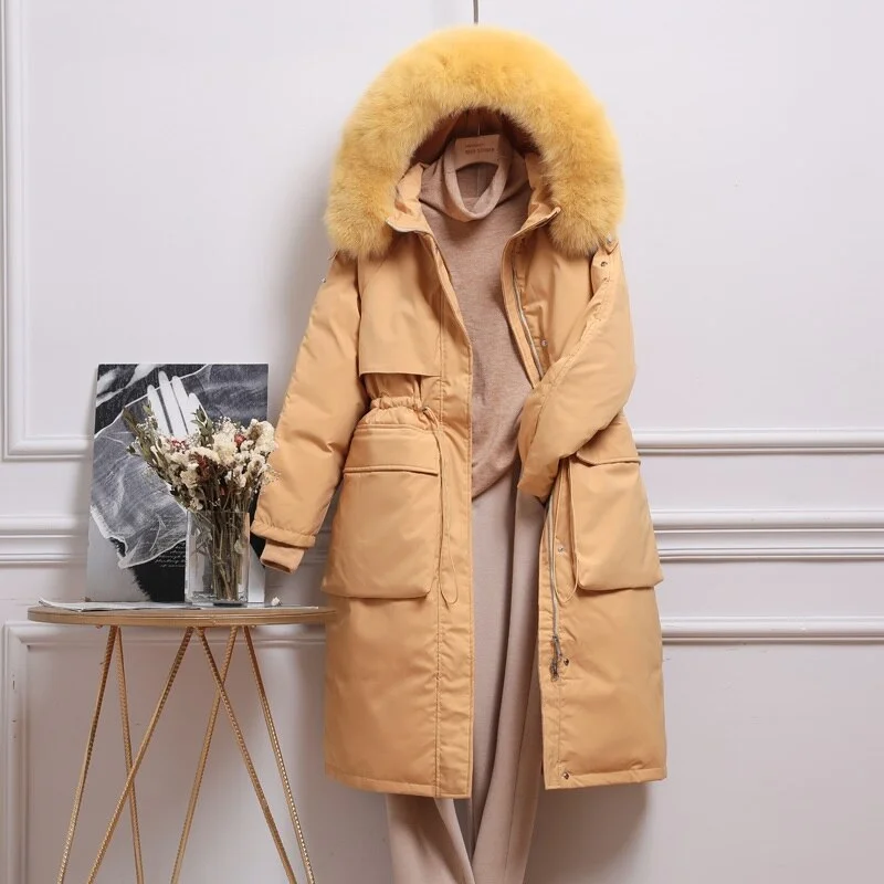 FTLZZ Winter Artificial Fur Hooded Long Jacket 90% White Duck Down Coat Big Pocket Parkas Loose Warm Jackets Yellow Snow Outwear