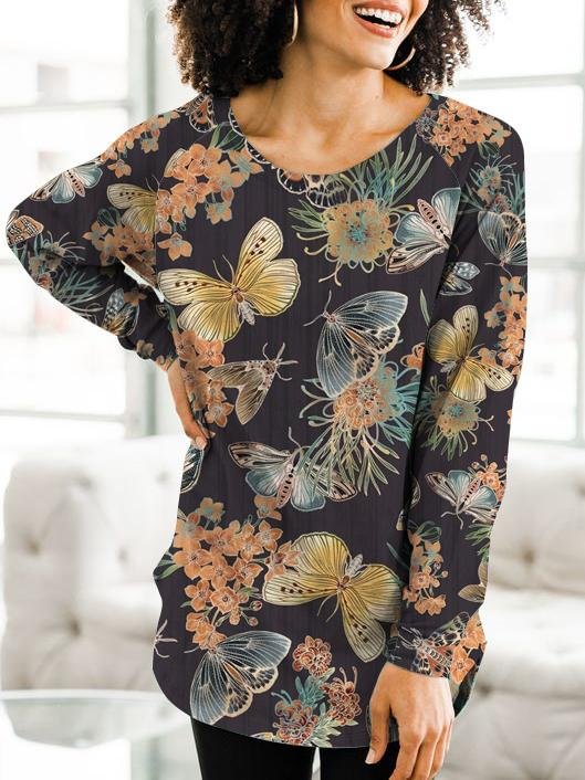 Ladies casual butterfly print long-sleeved cotton T-shirt-Mayoulove