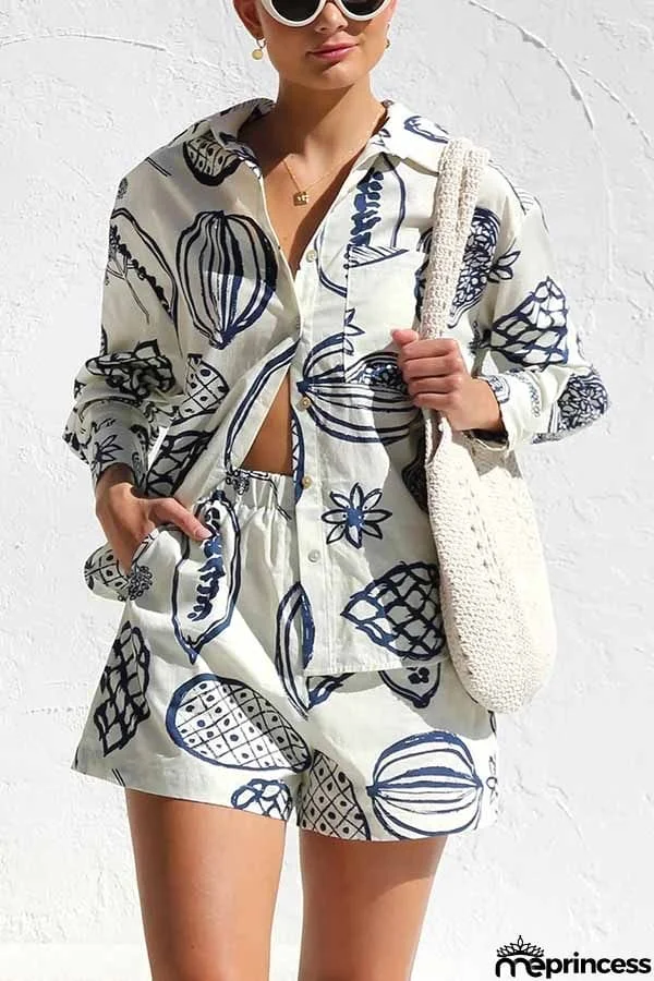 Parkside Pretty Tropical Fruit Print Loose Shirt and Elastic Waist Pocketed Shorts Set
