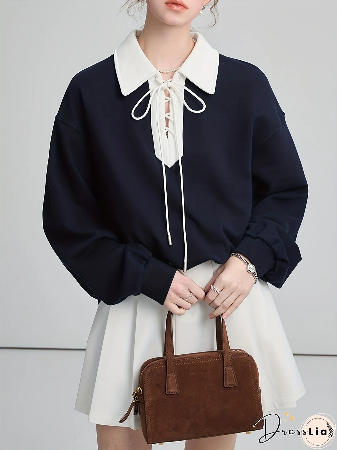 Lace Up Pullover Lapel Sweatshirt, Stylish Long Sleeve Sweatshirt For Fall & Winter, Women's Clothing