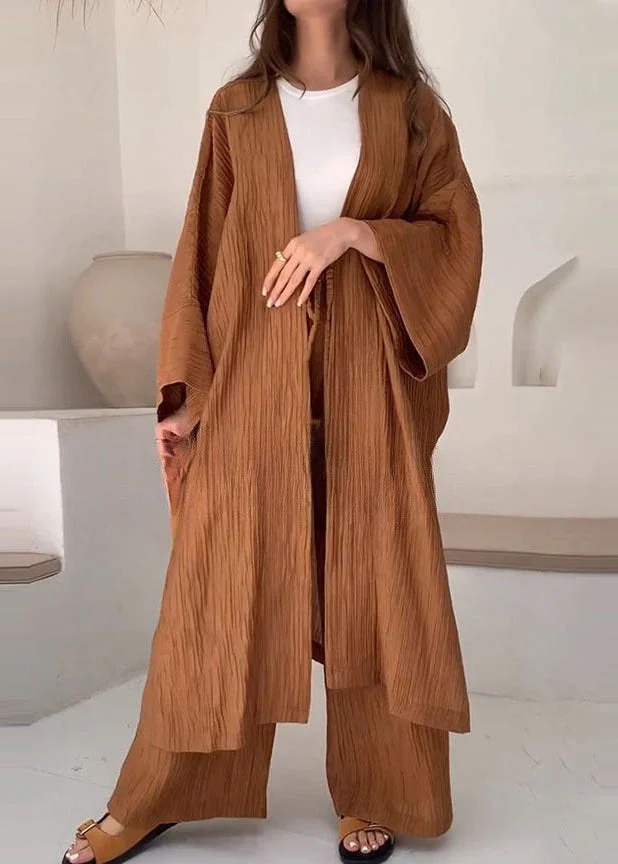 Style Brown Cardigans And Trousers Cotton Two Pieces Set Fall