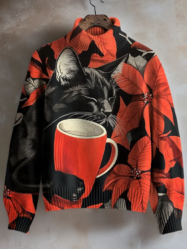 Women's Black Cat Holding Milk In The Flower Field Art Print High Neck Knit Sweatshirt