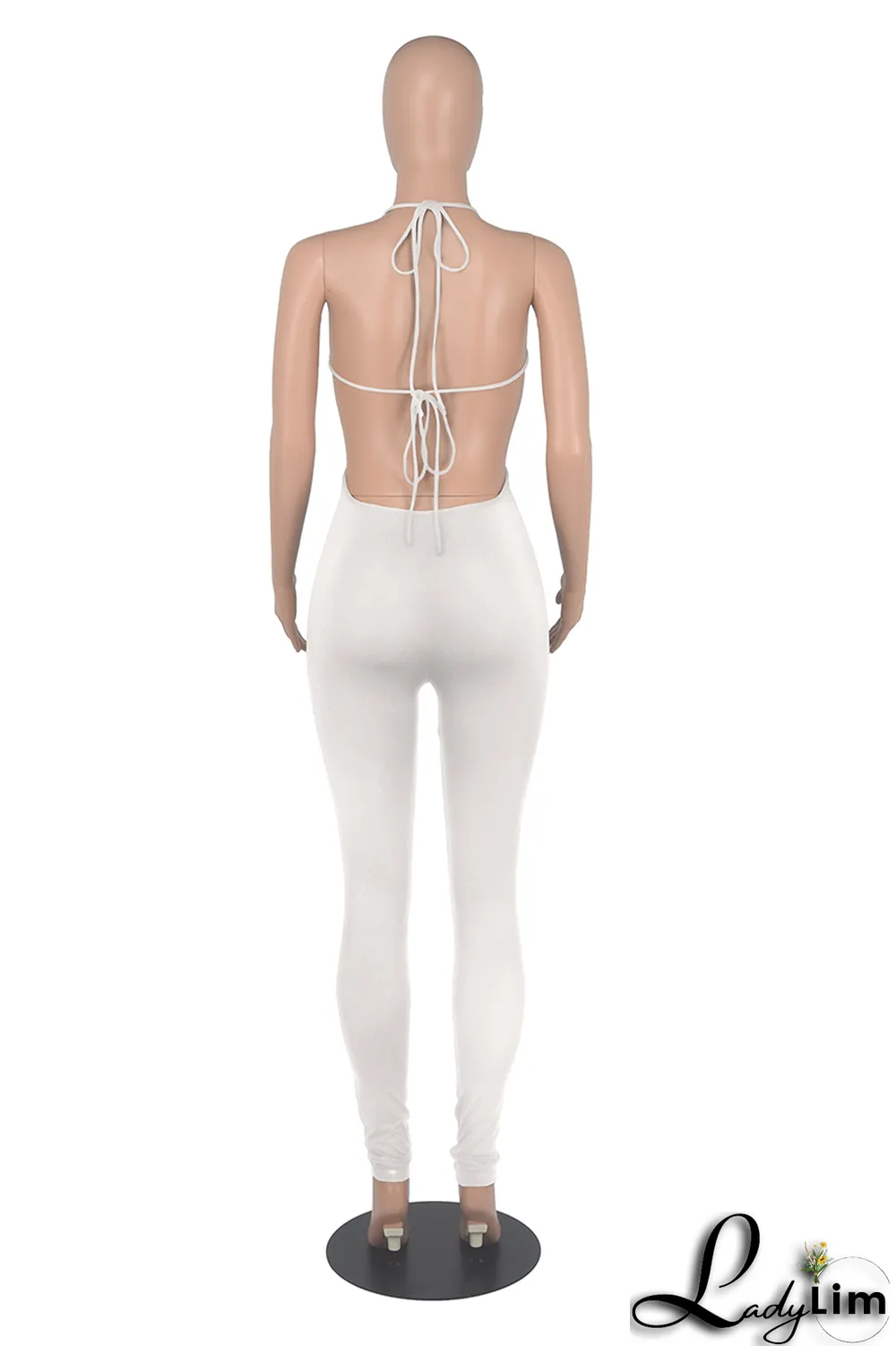 White Sexy Solid Patchwork Halter Skinny Jumpsuits