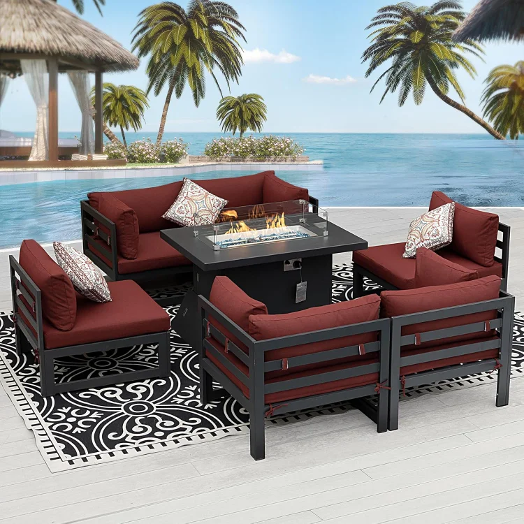7Pcs Aluminum Outdoor Patio Furniture Set, Grey Patio Conversation Set with Fire Pit Table, Durable Sectional Sofa with Burgundy Cushion for Poolside