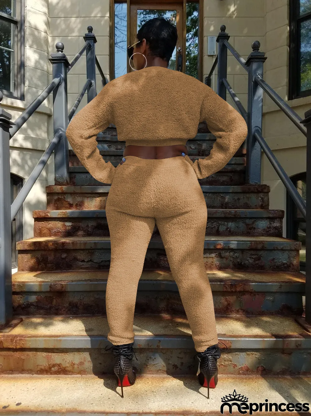 Solid Color Plush Long Sleeve Two Piece Suits