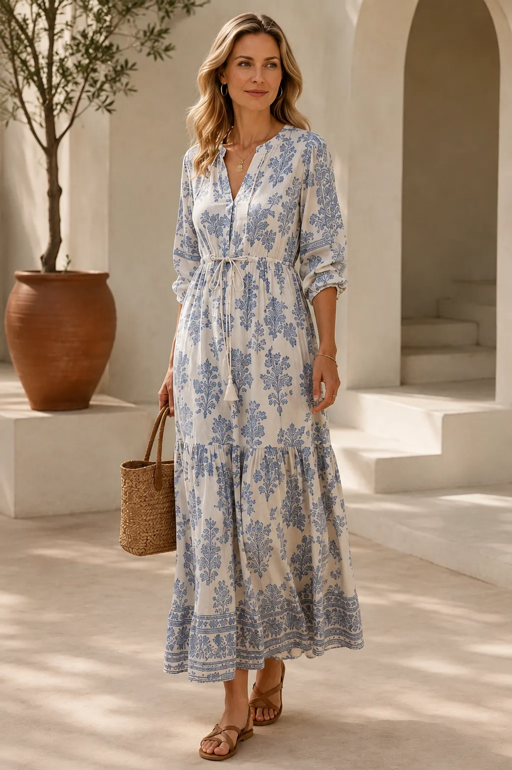 Women's Vintage Blue Floral Boho Maxi Dress with Adjustable Waist