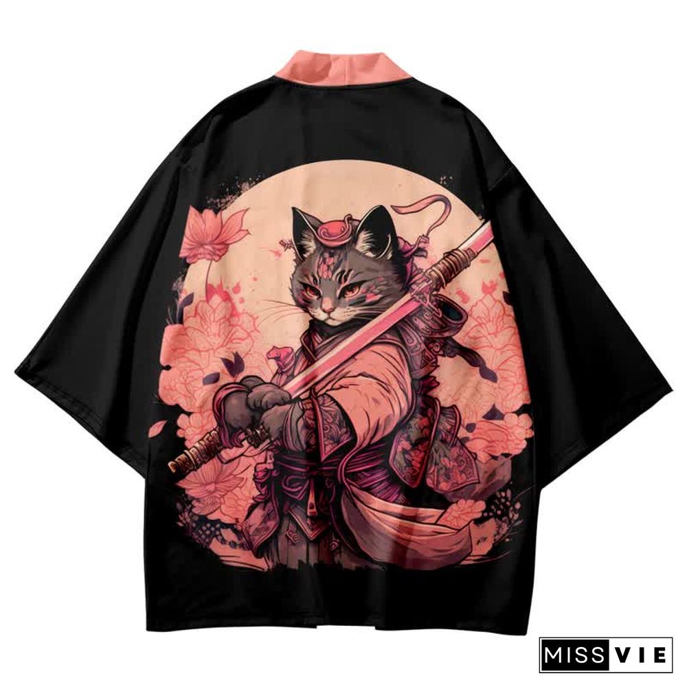 Vintage Cat Warriors Print Cardigan Kimono Outerwear