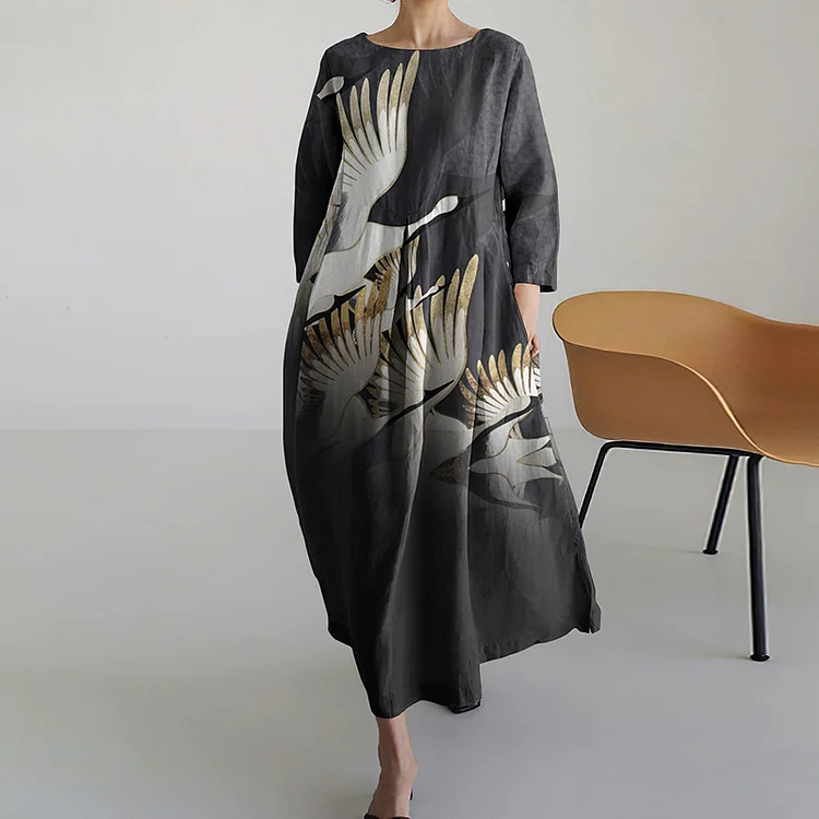 VChics Crane Print Long Sleeve Casual Midi Dress