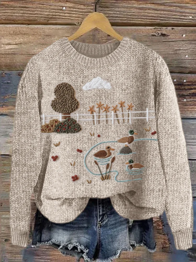 Farm Duck Pond Landscape Embroidery Cozy Knit Sweater