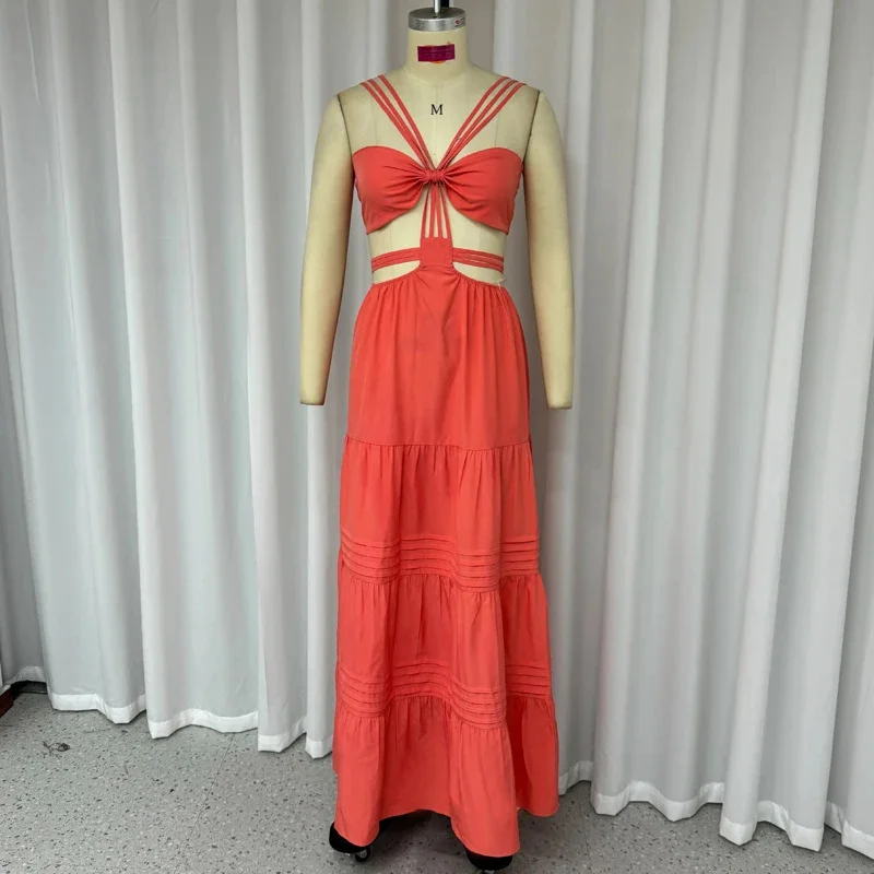 Toloer Toloer Summer New Fashion Sexy Wipe Chest Solid Color Hollow Out Hot Girl Dress-Outfit Ideas