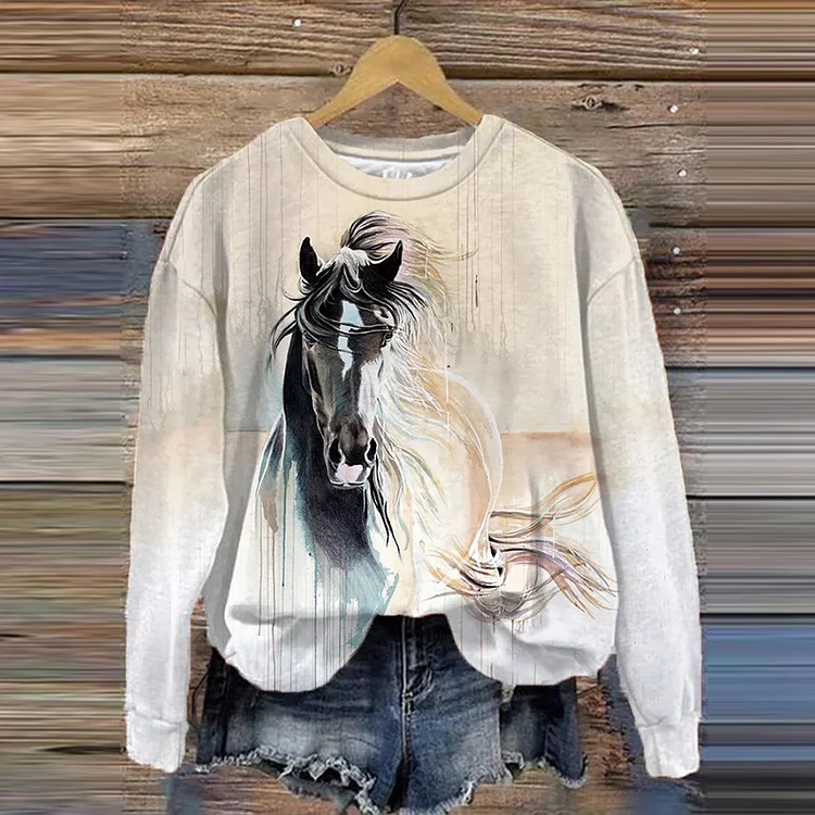 VChics Women's Western Horse Oil Painting Print Sweatshirt