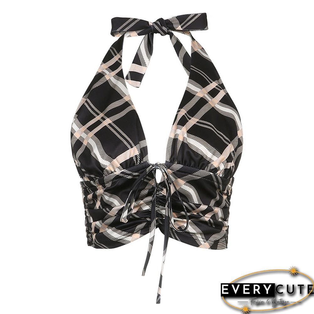 Vintage Retro y2k Crop Tops for Women Sexy Backless Ribbed Lace-up Camisole Harajuku Aesthetic 90s Halter Tops Tee Cuteandpsycho