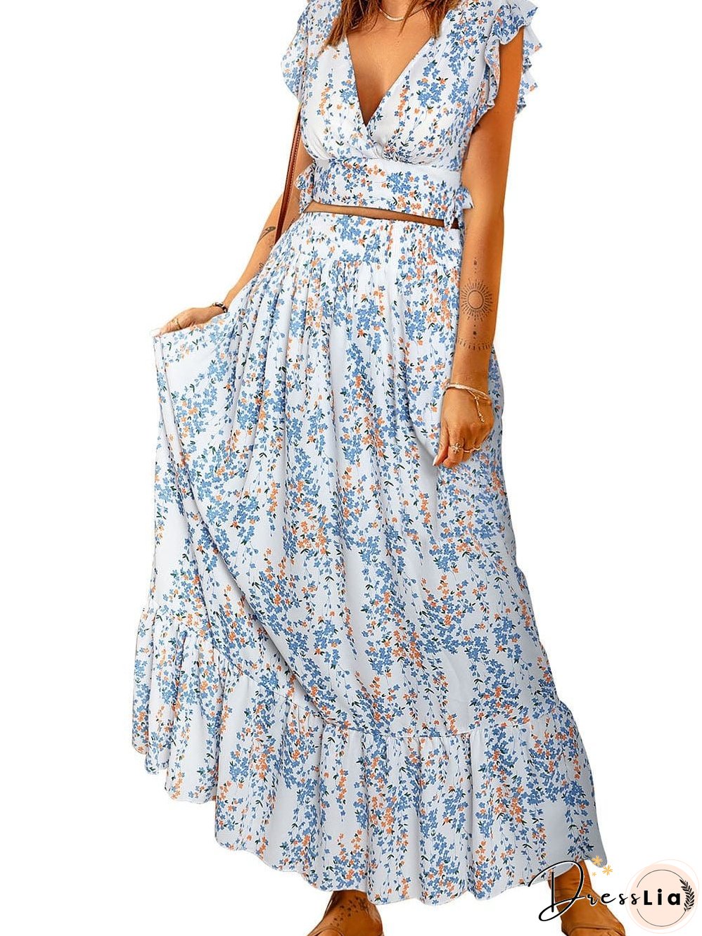 Floral White Bohemian Chic Two Piece Maxi Dress Set